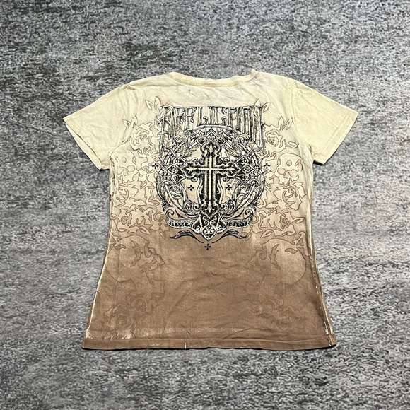 Affliction Live Fast Shirt V-Neck Womens Medium Cream Brown Y2K Grunge - Picture 2 of 11